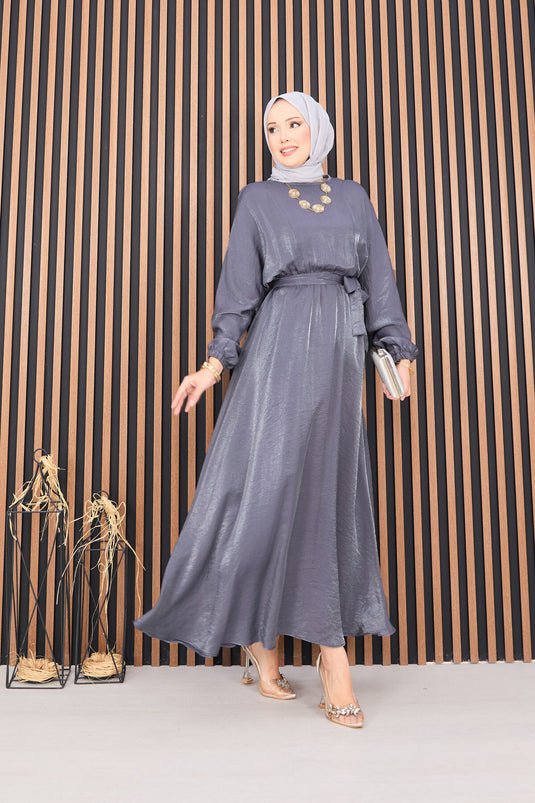 Gathered Waist Batwing Sleeve Hijab Dress Gray