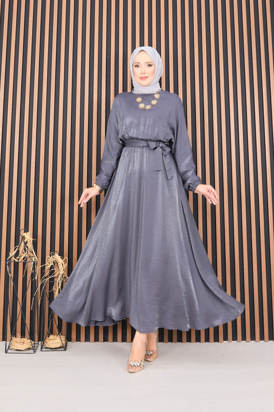 Gathered Waist Batwing Sleeve Hijab Dress Gray