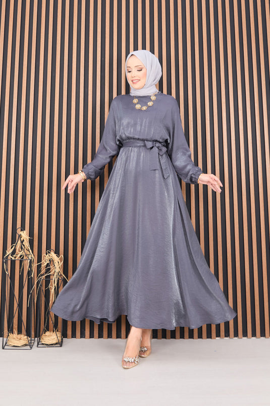 Gathered Waist Batwing Sleeve Hijab Dress Gray