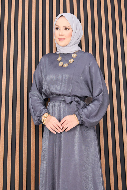 Gathered Waist Batwing Sleeve Hijab Dress Gray