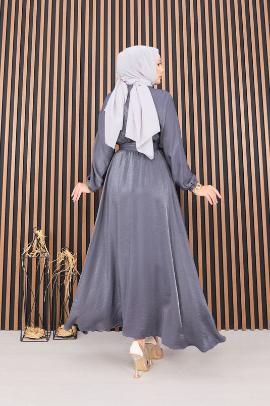 Gathered Waist Batwing Sleeve Hijab Dress Gray