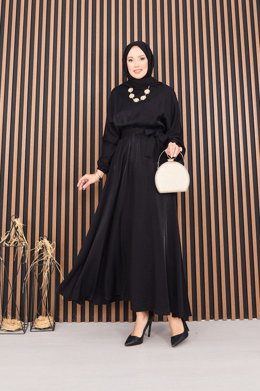Black Batwing Sleeve Hijab Dress with Pleated Waist