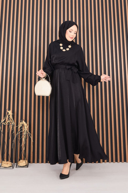 Black Batwing Sleeve Hijab Dress with Pleated Waist