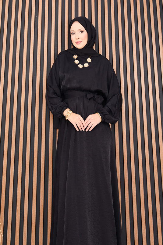Black Batwing Sleeve Hijab Dress with Pleated Waist