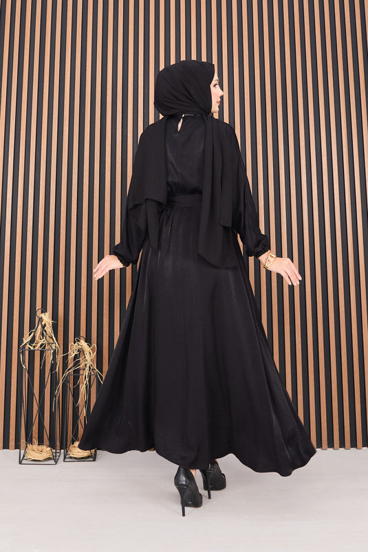 Black Batwing Sleeve Hijab Dress with Pleated Waist