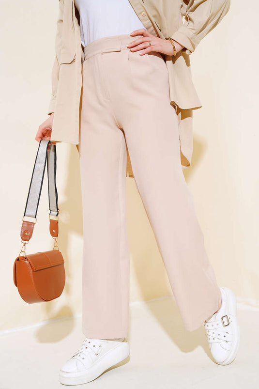 Hose mit weitem Bein und Klettverschluss in der Taille Beige