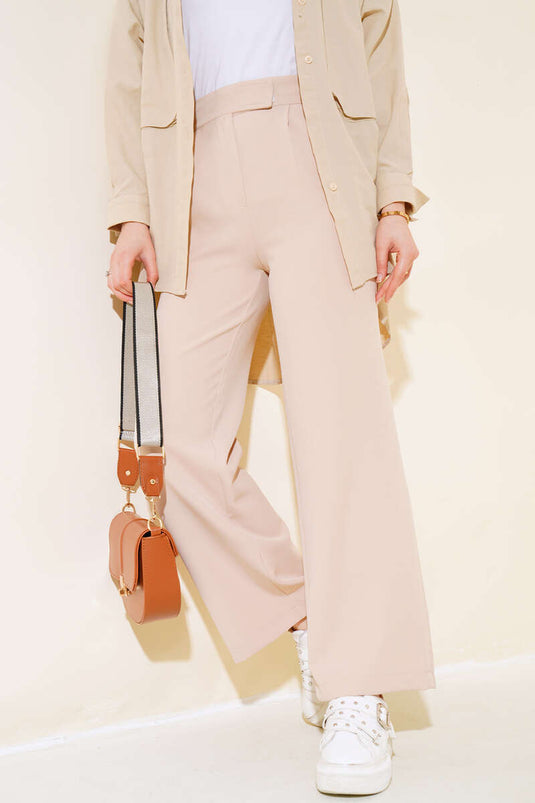 Hose mit weitem Bein und Klettverschluss in der Taille Beige