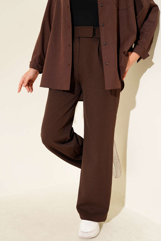 Wide-Leg Trousers with Velcro Waistband, Brown