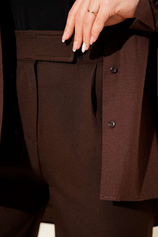 Wide-Leg Trousers with Velcro Waistband, Brown