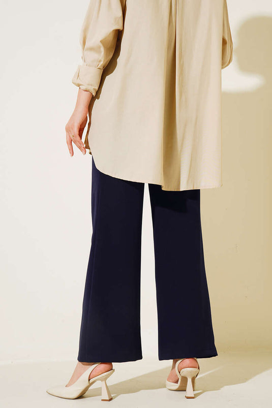 Beli Cırtlı Bol Paça Pantolon Lacivert