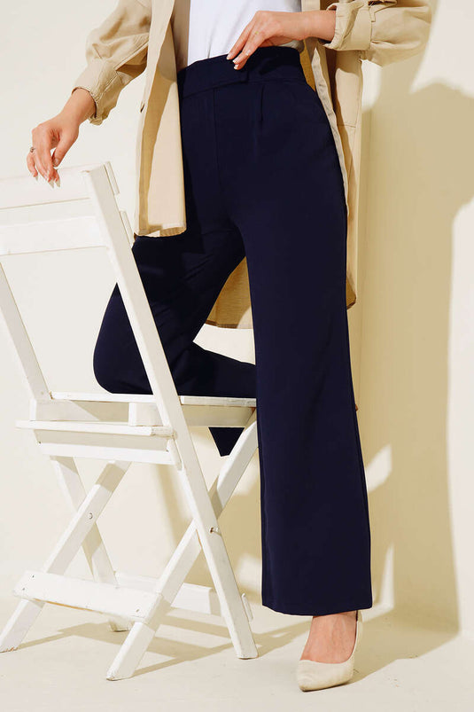 Beli Cırtlı Bol Paça Pantolon Lacivert