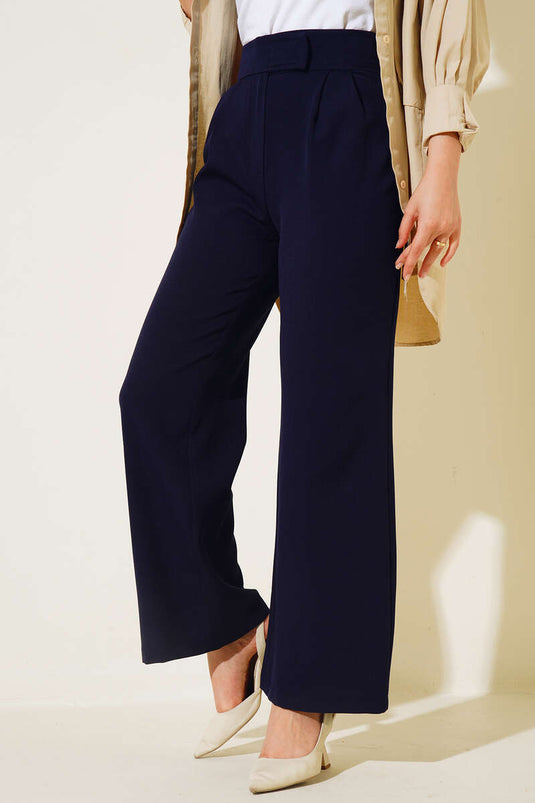 Beli Cırtlı Bol Paça Pantolon Lacivert