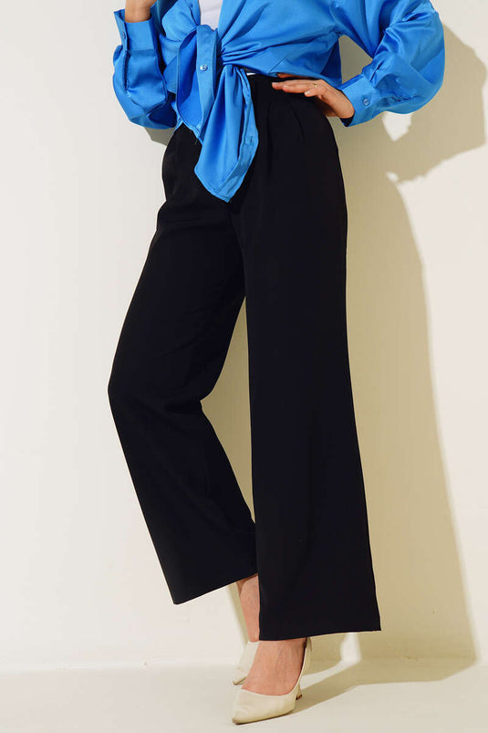 Beli Cırtlı Bol Paça Pantolon Siyah