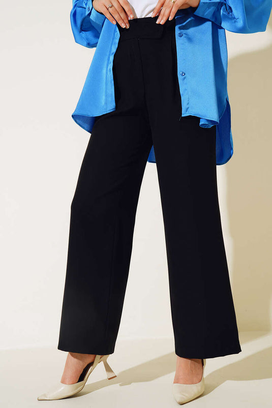 Beli Cırtlı Bol Paça Pantolon Siyah