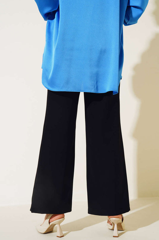 Beli Cırtlı Bol Paça Pantolon Siyah