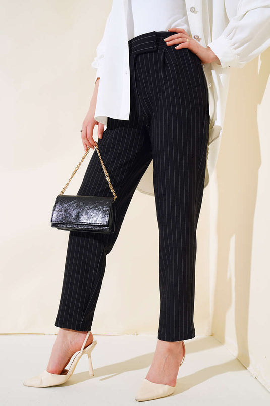 Gestreifte Hose mit Klettverschluss in der Taille, Schwarz