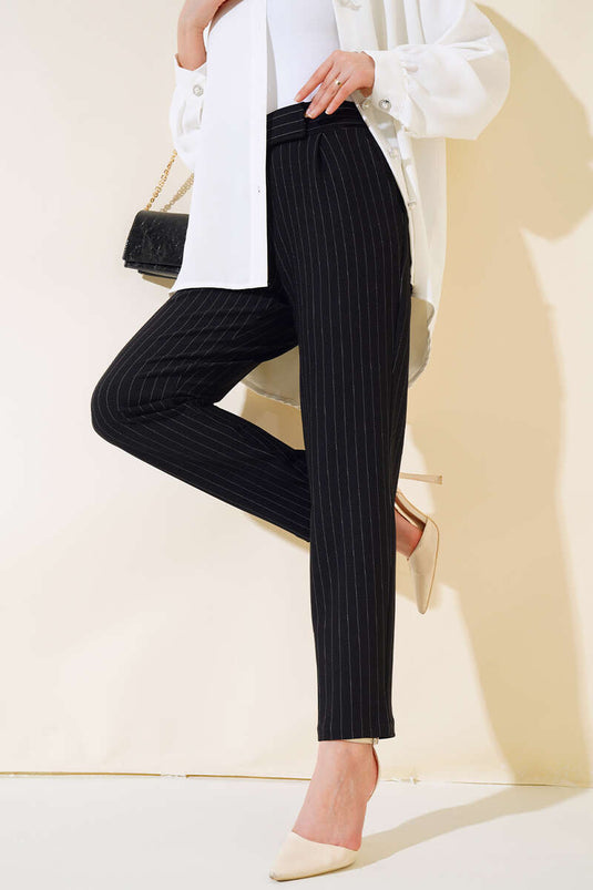 Gestreifte Hose mit Klettverschluss in der Taille, Schwarz