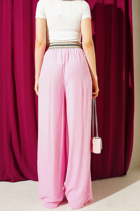 Beli Etnik Desen Geniş Paça Pantolon Pembe