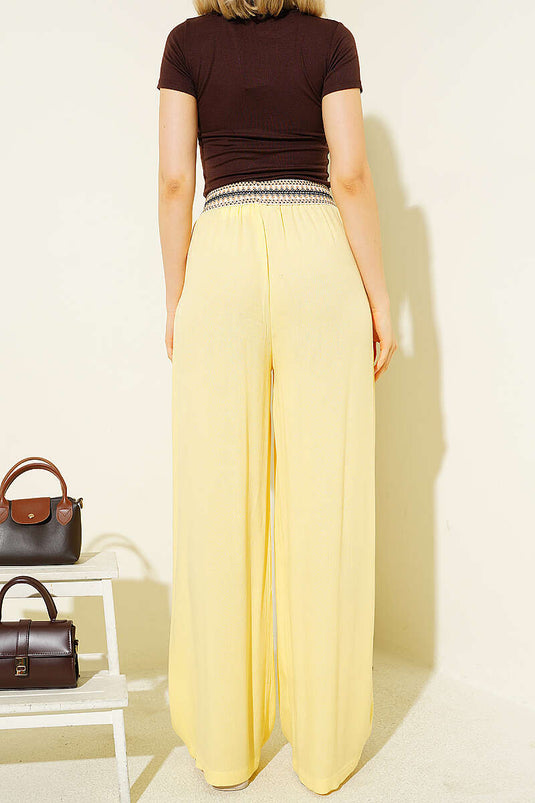 Beli Etnik Desen Geniş Paça Pantolon Sarı