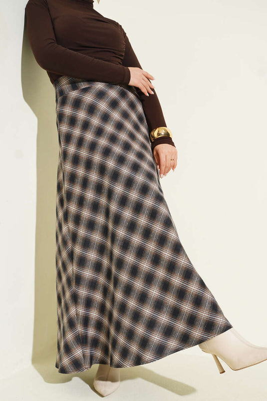 Beli Fermuarlı Ekoseli Çan Etek Camel