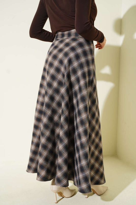 Beli Fermuarlı Ekoseli Çan Etek Camel