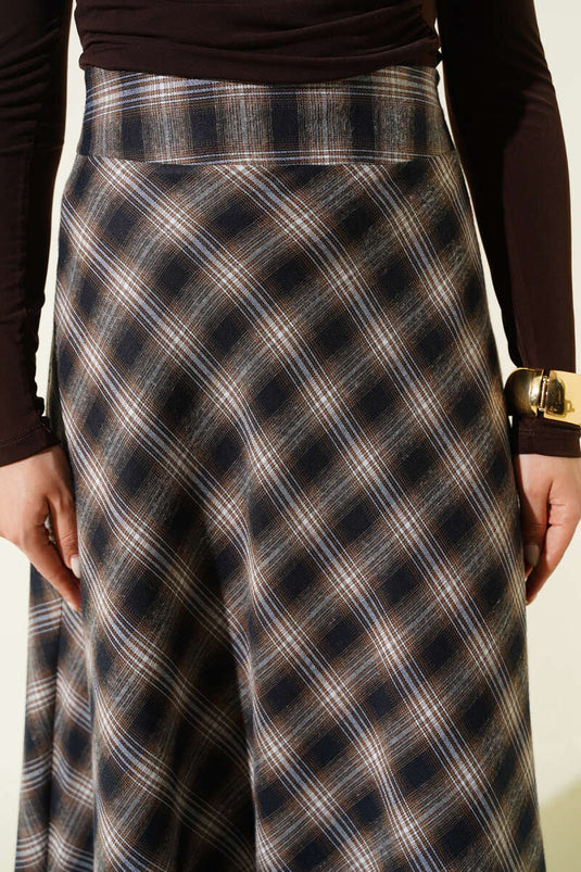 Beli Fermuarlı Ekoseli Çan Etek Camel