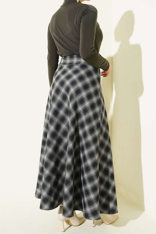 Jupe évasée à carreaux kaki avec fermeture éclair blanche