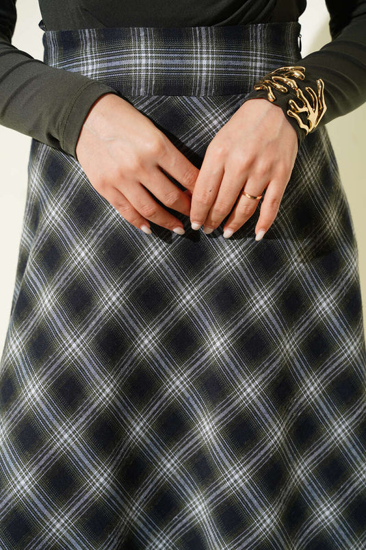 Jupe évasée à carreaux kaki avec fermeture éclair blanche