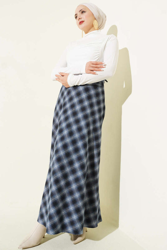 White-Buttoned Checked Bell Skirt Navy Blue