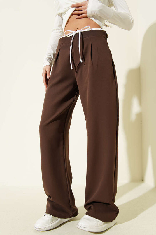 Beli Fermuarlı Garnili Pantolon Kahve