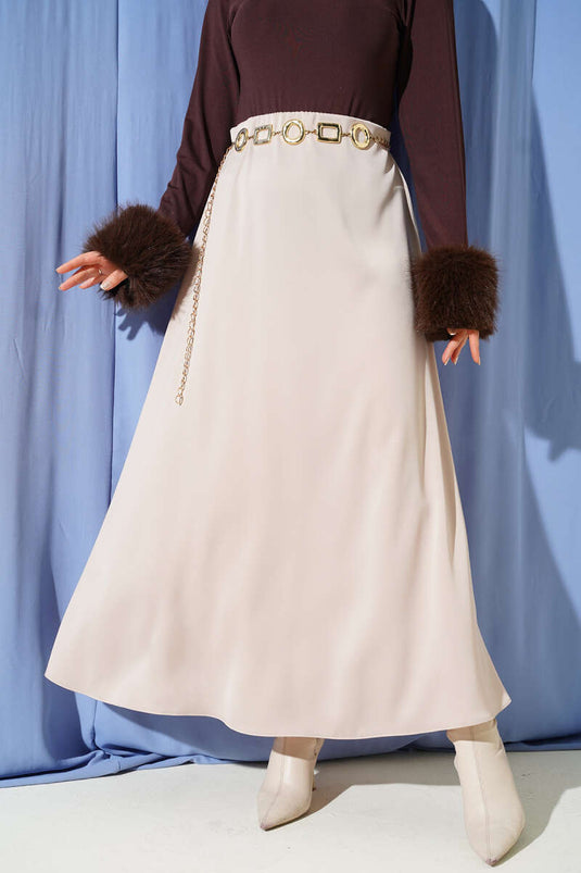 Beige Satin Skirt with Side Zipper