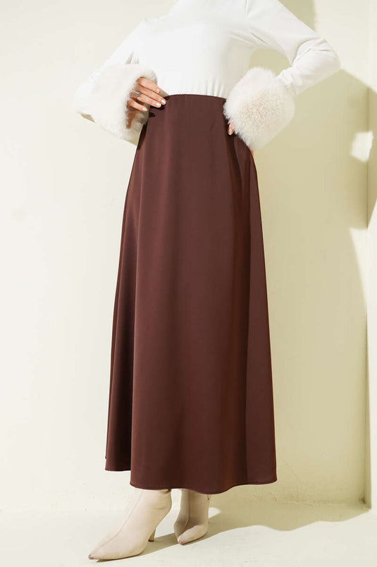 تنورة ساتان بسحاب أمامي بني