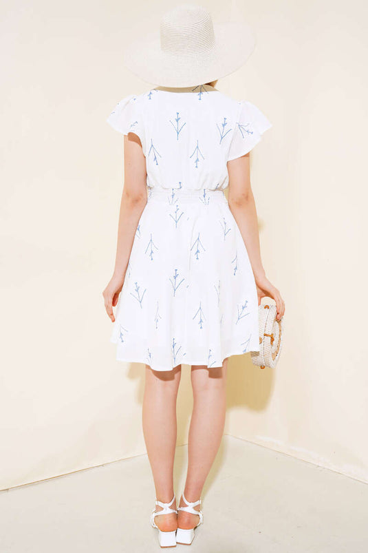 Waisted Floral Dress in Ecru and Indigo