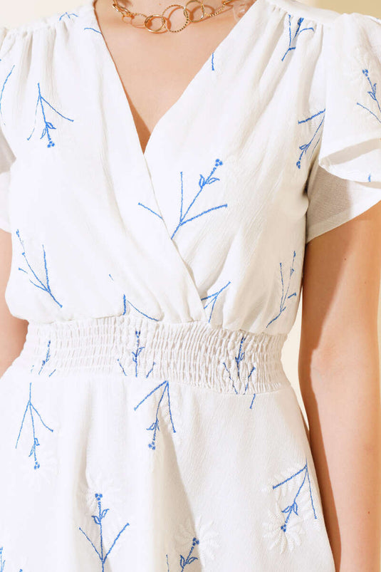 Waisted Floral Dress in Ecru and Indigo