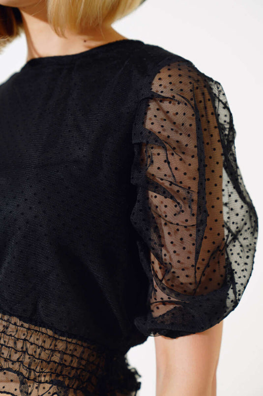 Beli Gipeli Tül Bluz Siyah