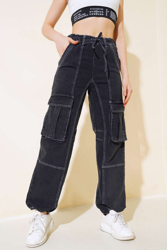 Pantalón cargo con cordón y cordón en la cintura Ahumado