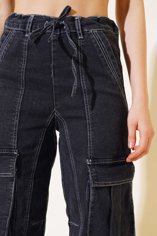 بنطلون جيب البضائع المزخرف بحبل الخصر مدخن