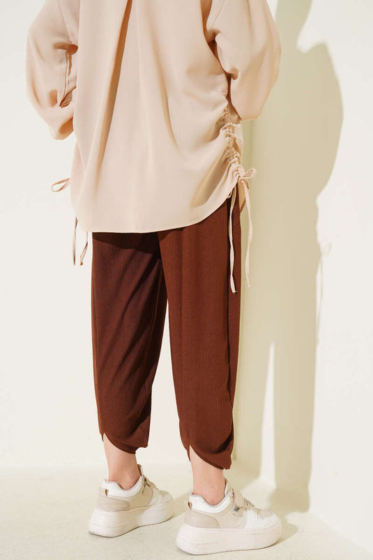 Beli İp Bağcıklı Şalvar Pantolon Kahve