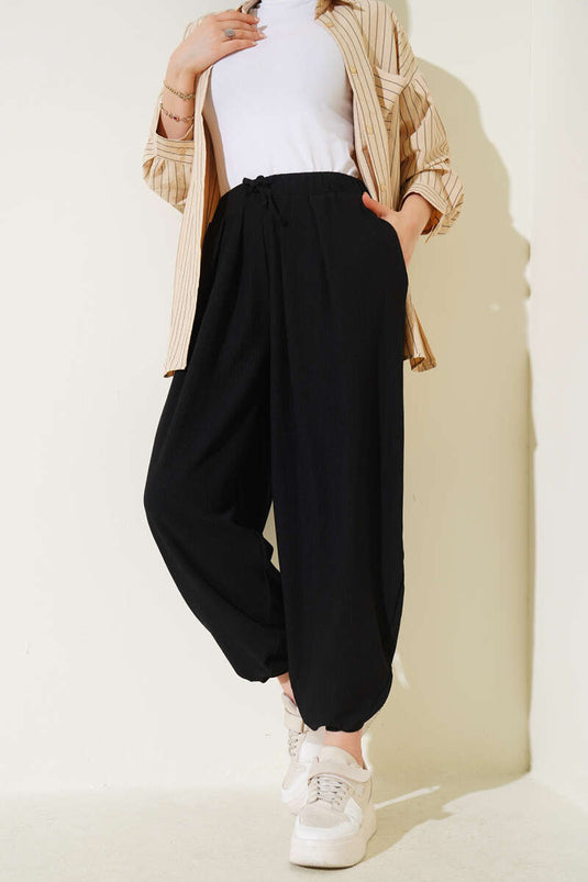 Black Shalwar Trousers with Tied Waist Rope