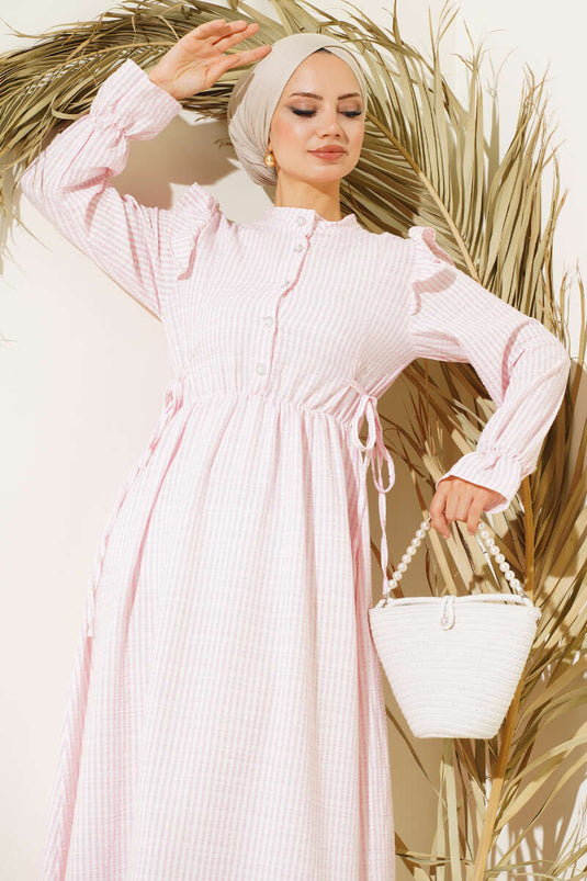 Robe Rayée Avec Cordon De Serrage À La Taille Rose