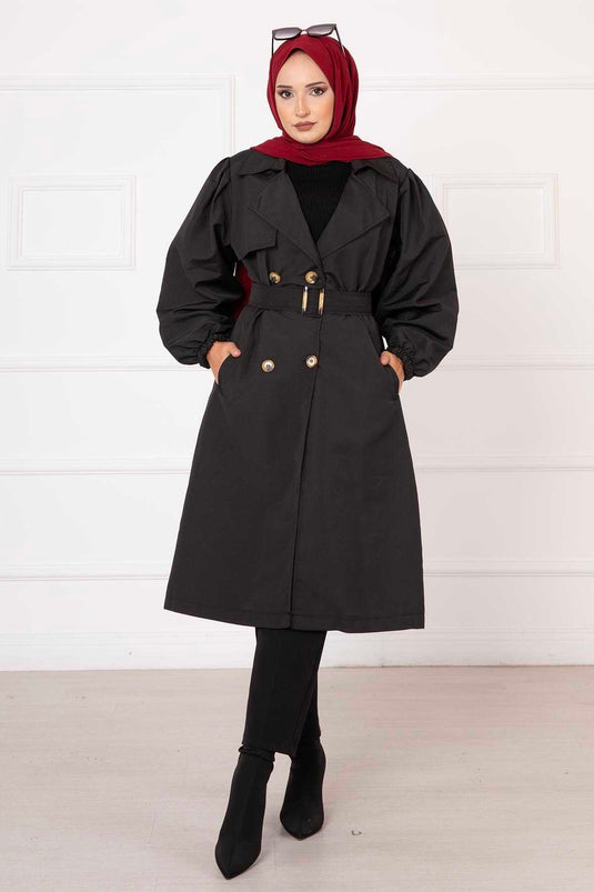 Beli Kemerli Kolu Büzgülü Trenç Siyah