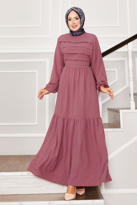 Self-Belted Waist Ribbed Detailed Dress in Dusty Rose