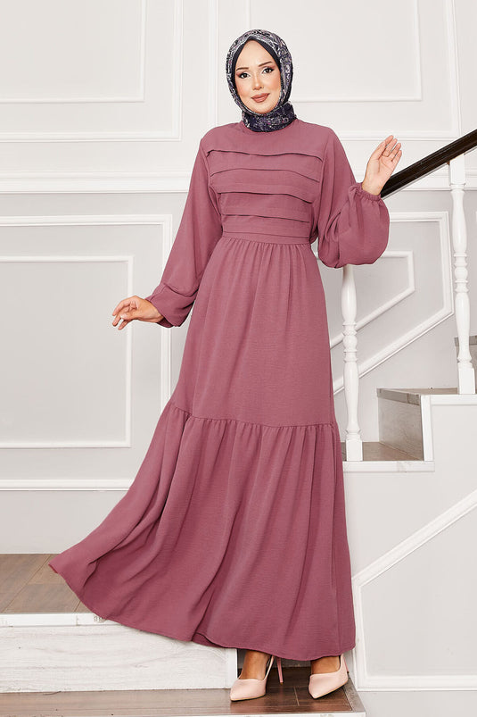 Self-Belted Waist Ribbed Detailed Dress in Dusty Rose
