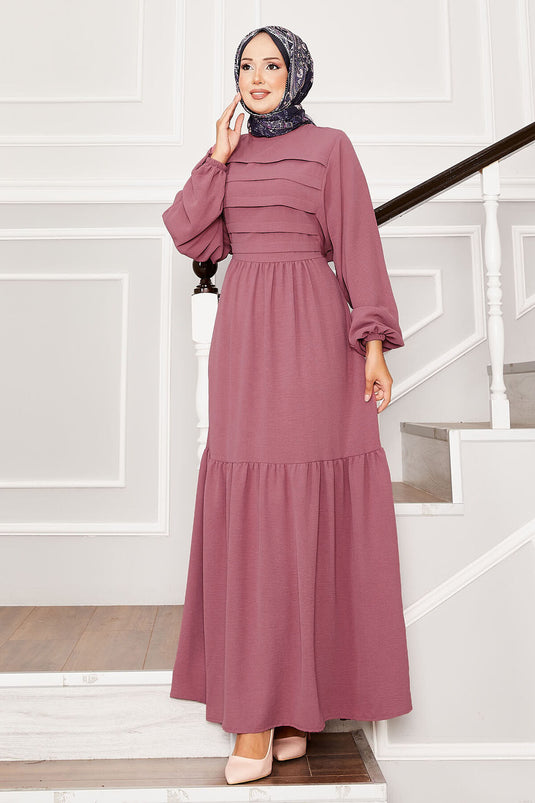 Self-Belted Waist Ribbed Detailed Dress in Dusty Rose