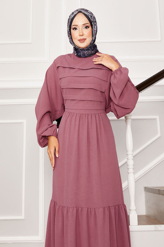 Self-Belted Waist Ribbed Detailed Dress in Dusty Rose