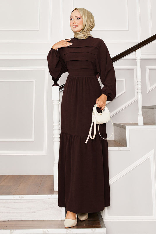 Beli Kendinden Kuşaklı Nervür Detaylı Elbise Kahve