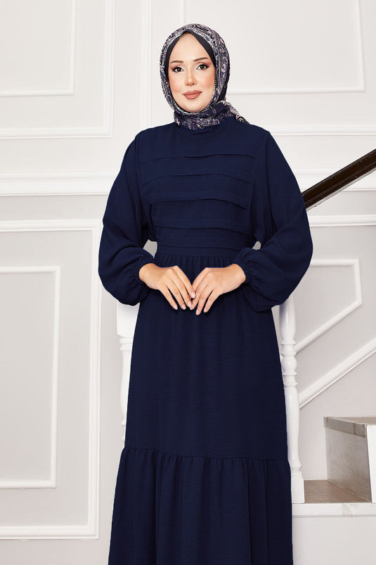 Self-Belted Waist Ribbed Detailed Dress Navy Blue