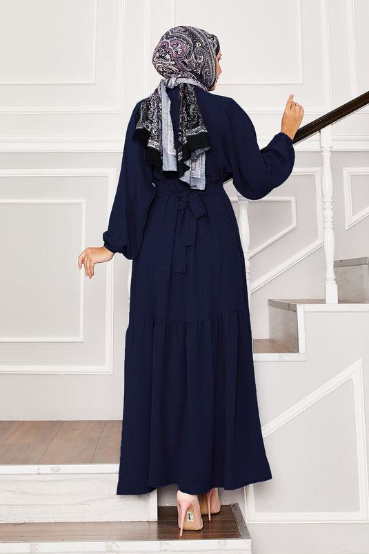 Beli Kendinden Kuşaklı Nervür Detaylı Elbise Lacivert