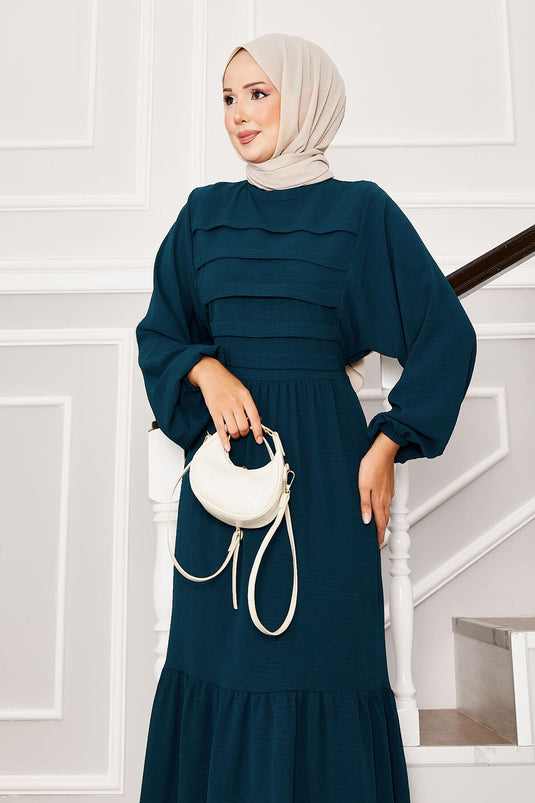 Self-Belted Waist Ribbed Detailed Dress Petrol