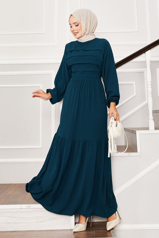 Self-Belted Waist Ribbed Detailed Dress Petrol